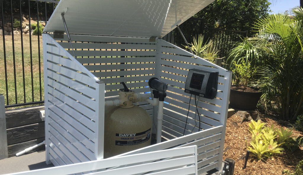 White pool filter cover with a Lift Off Front Panel and Opening Lid
