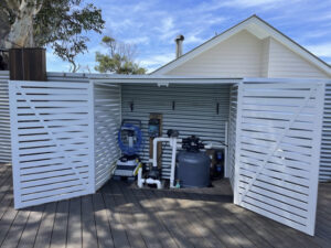 Walk in shed with double doors open